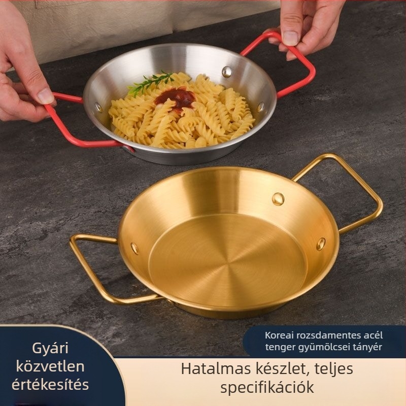 Kétfülű rozsdamentes acél tál arany bevonattal, lapos aljú tálaló, tengeri herkentyűkhöz, rákhoz, tészta, koreai sült csirke és sült krumpli