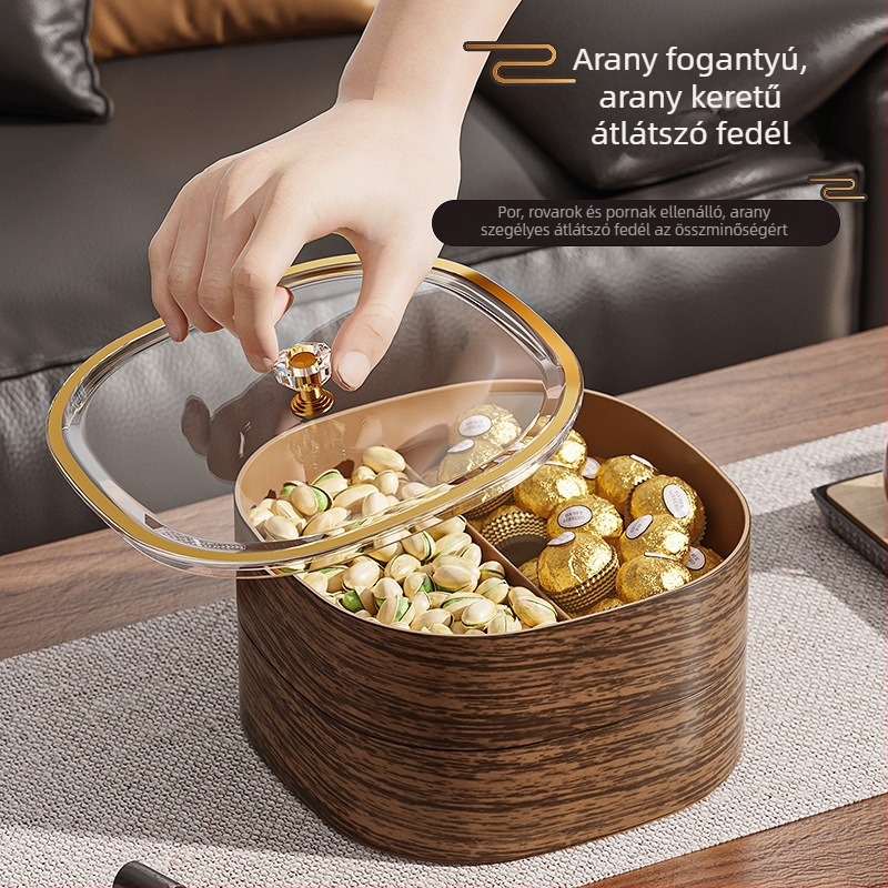Műanyag osztott gyümölcstál tetővel, kör alakú, virágos mintával, modern minimalista stílus