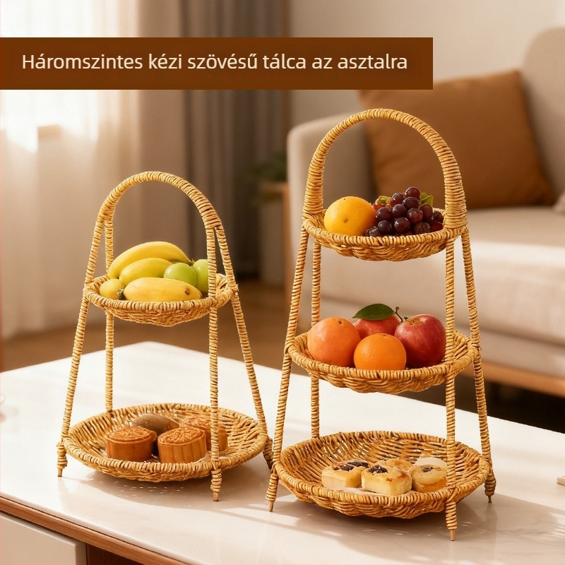 Gyümölcskosár - kézzel szőtt, többszintű, rattan, japán stílusú (Márka: Huangtu Process)