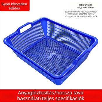 Megvastagított műanyag téglalap alakú tárolókosár vízelvezetővel, kék, zöldségekhez és gyümölcsökhöz.