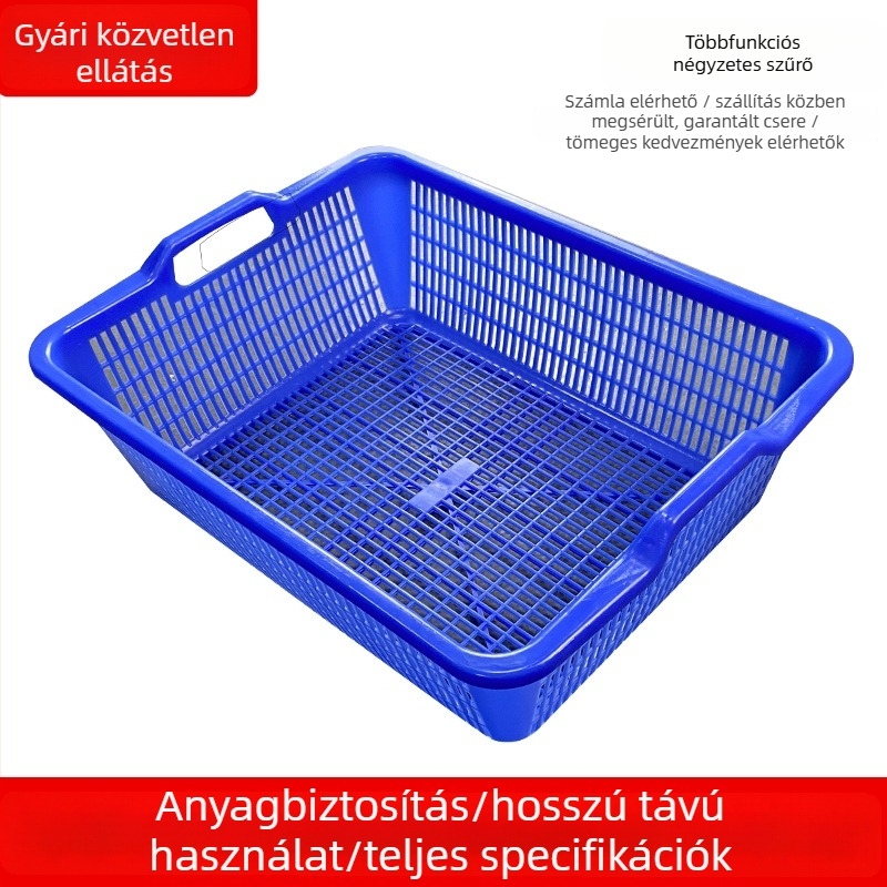 Megvastagított műanyag téglalap alakú tárolókosár vízelvezetővel, kék, zöldségekhez és gyümölcsökhöz.