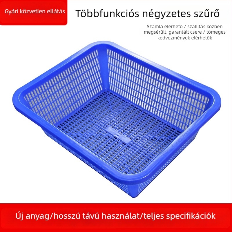Megvastagított műanyag téglalap alakú tárolókosár vízelvezetővel, kék, zöldségekhez és gyümölcsökhöz.