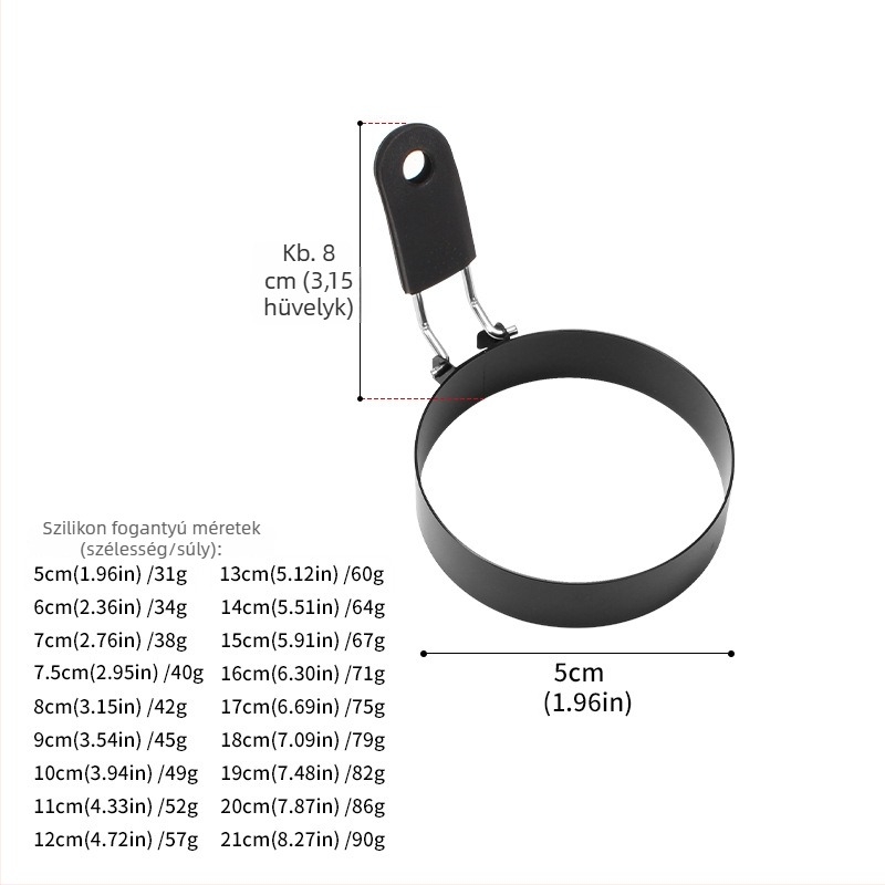 Rozsdamentes acél omlett készítő hajlékony, hővédő fogantyúval, tapadásmentes bevonattal, kerek formájú hamburgerpogácsa forma