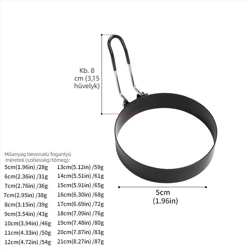 Rozsdamentes acél omlett készítő hajlékony, hővédő fogantyúval, tapadásmentes bevonattal, kerek formájú hamburgerpogácsa forma