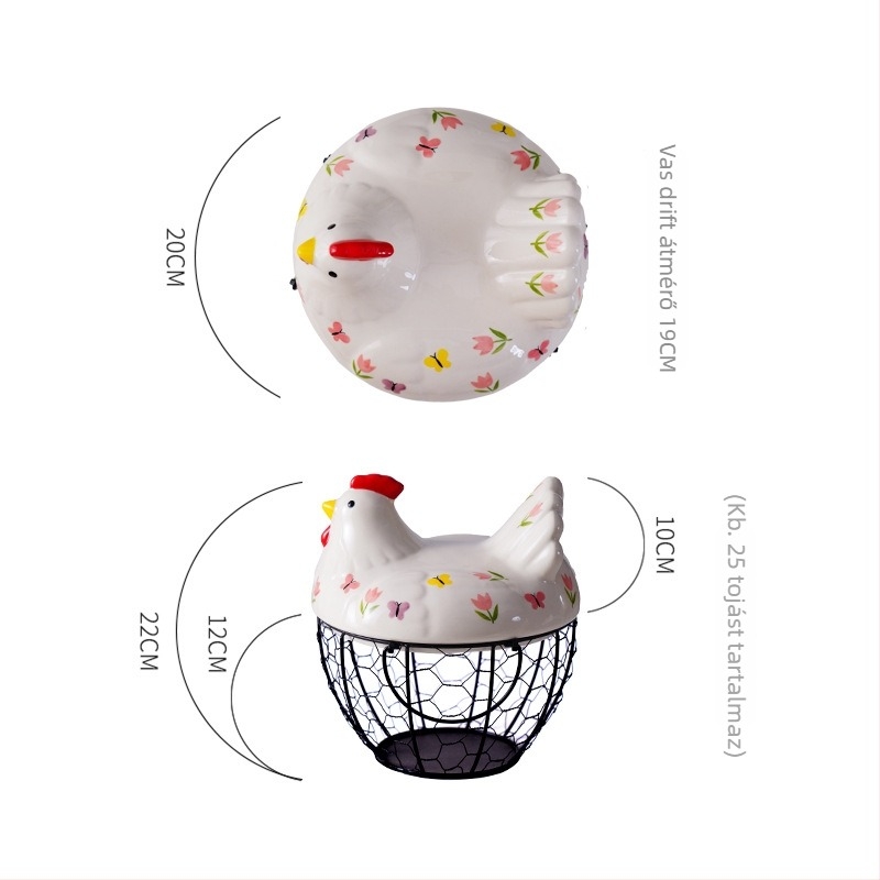 Konyhai tárolókosár – kerámia és vasművészet, tojások és gyümölcs/zöldségek tárolására, modell MJ-006, modern minimalista stílus