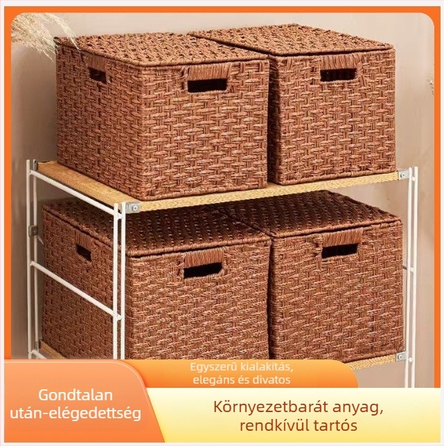 Fedeles tárolókosár műanyagból (PP) – fonott rattan hatású megjelenés, modell 027, modern minimalista stílus, fogantyúval