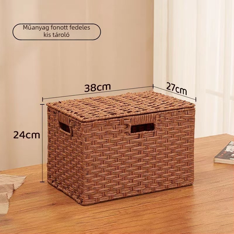 Fedeles tárolókosár műanyagból (PP) – fonott rattan hatású megjelenés, modell 027, modern minimalista stílus, fogantyúval