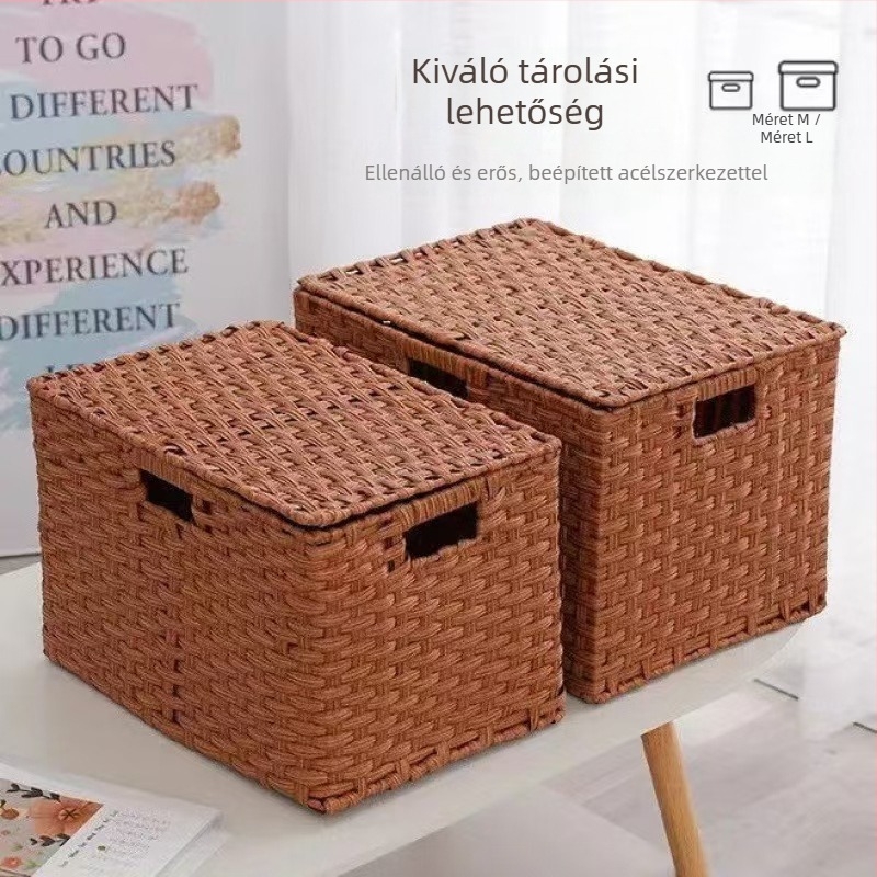 Fedeles tárolókosár műanyagból (PP) – fonott rattan hatású megjelenés, modell 027, modern minimalista stílus, fogantyúval