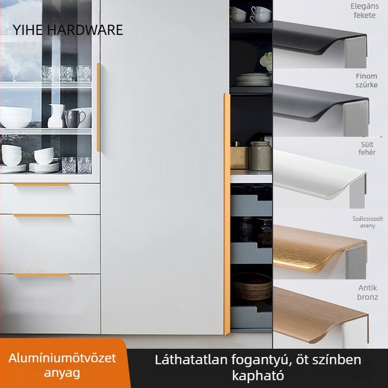 Rejtett fogantyú szekrényajtókhoz, fekete, modern minimalist stílus, hosszú egyoldali fogantyú, fúrás nélkül