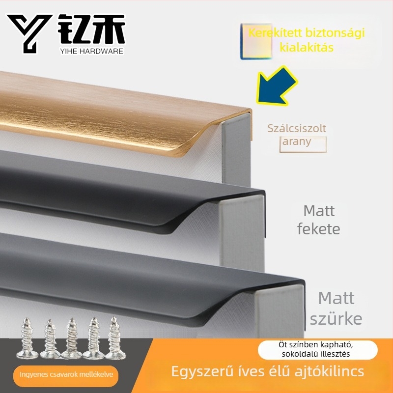 Rejtett fogantyú szekrényajtókhoz, fekete, modern minimalist stílus, hosszú egyoldali fogantyú, fúrás nélkül