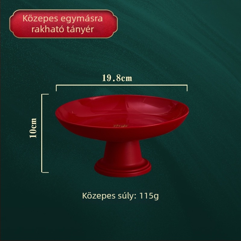 Piros ünnepi esküvői gyümölcstál gyümölcsökhöz, diófélékhez és nassolnivalókhoz a Kettős Boldogság motívummal