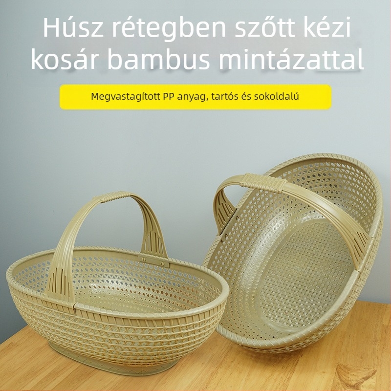 Műanyagból készült utánozott rattan szövésű gyümölcs- és zöldségkosár, hordozható otthoni használatra, INS stílus, termékkód Tx2hhsaz