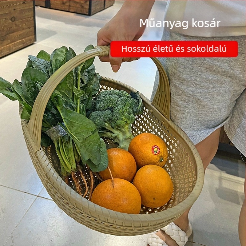 Műanyagból készült utánozott rattan szövésű gyümölcs- és zöldségkosár, hordozható otthoni használatra, INS stílus, termékkód Tx2hhsaz