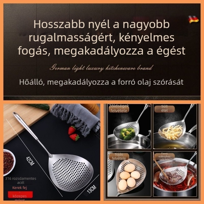 316 rozsdamentes acél merítőkanál tésztához, hálós szűrő a vízhez és olajhoz, háztartási konyhai merítő, megvastított, szélesebb és nagyobb