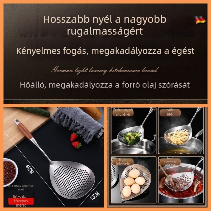 316 rozsdamentes acél merítőkanál tésztához, hálós szűrő a vízhez és olajhoz, háztartási konyhai merítő, megvastított, szélesebb és nagyobb