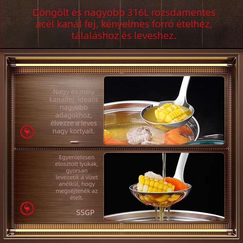 316-os rozsdamentes acél leveskanál, élelmiszer-minőség, hosszú nyél, égésálló