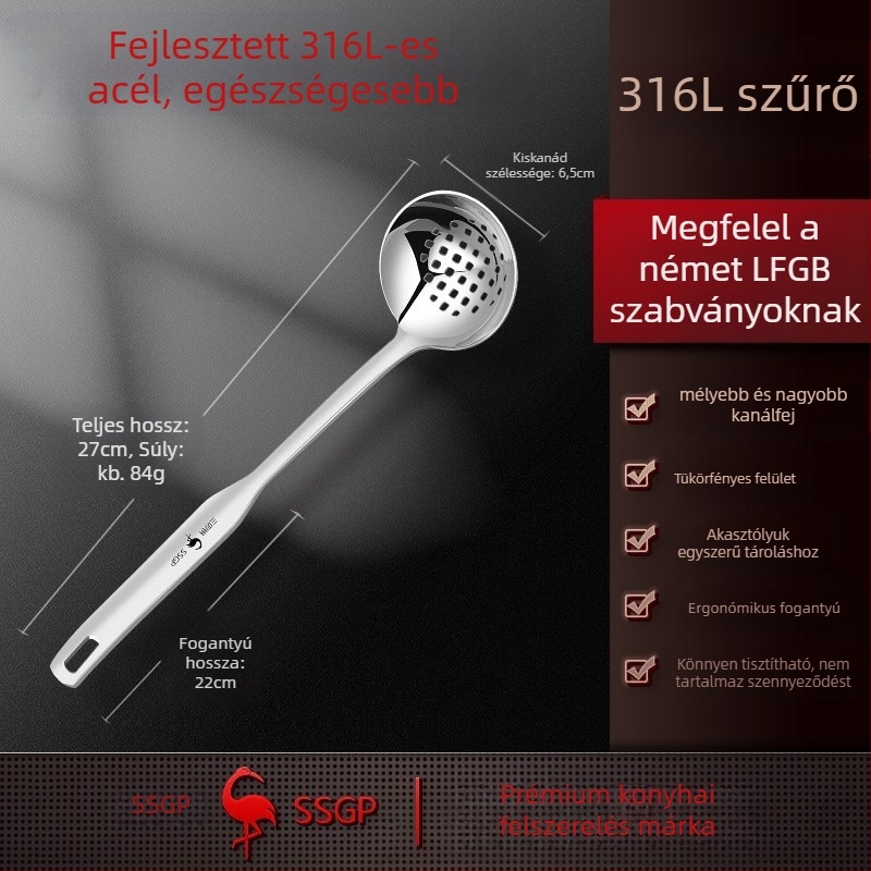 316-os rozsdamentes acél leveskanál, élelmiszer-minőség, hosszú nyél, égésálló