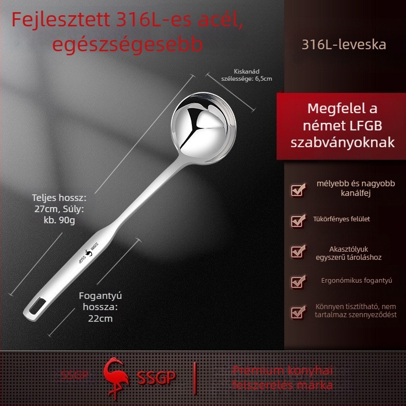 316-os rozsdamentes acél leveskanál, élelmiszer-minőség, hosszú nyél, égésálló