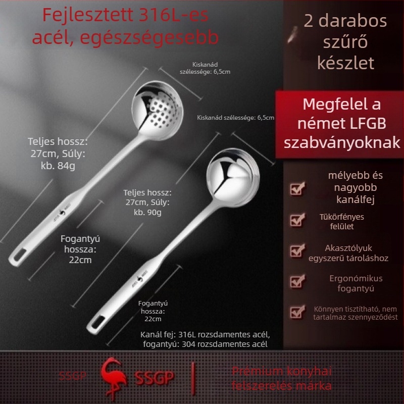 316-os rozsdamentes acél leveskanál, élelmiszer-minőség, hosszú nyél, égésálló