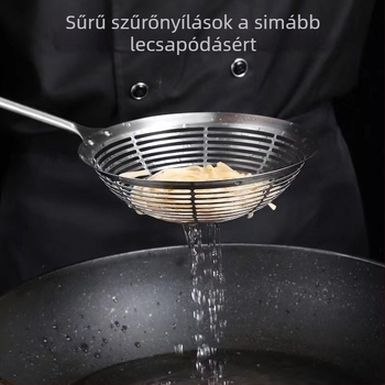 Tészta szűrő 201-es rozsdamentes acélból, csúszásmentes fogantyú, égésgátló hálószita