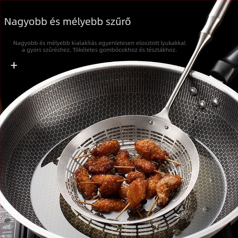 Tészta szűrő 201-es rozsdamentes acélból, csúszásmentes fogantyú, égésgátló hálószita