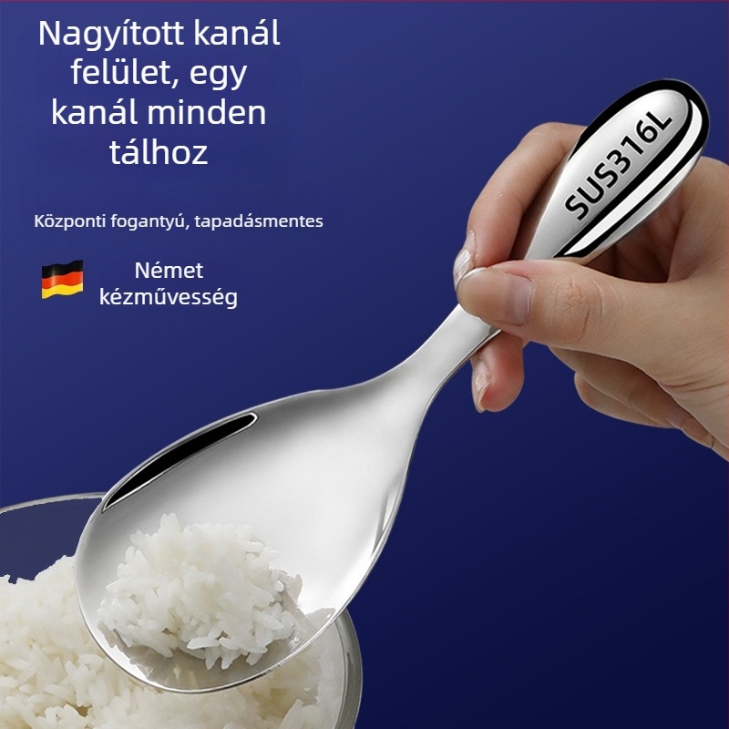 Rozsdamentes acélból készült rizsskanál hosszú nyelemmel, tapadásmentes, élelmiszerbiztonságos