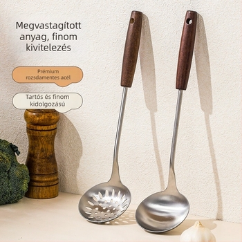 Nagy méretű rozsdamentes acél leveskanálak készlet fa nyéllel – otthoni konyha, modern minimalist stílus, hőálló, csúszásmentes
