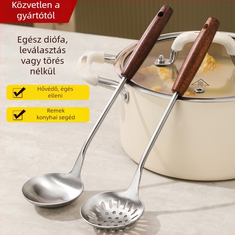 Nagy méretű rozsdamentes acél leveskanálak készlet fa nyéllel – otthoni konyha, modern minimalist stílus, hőálló, csúszásmentes