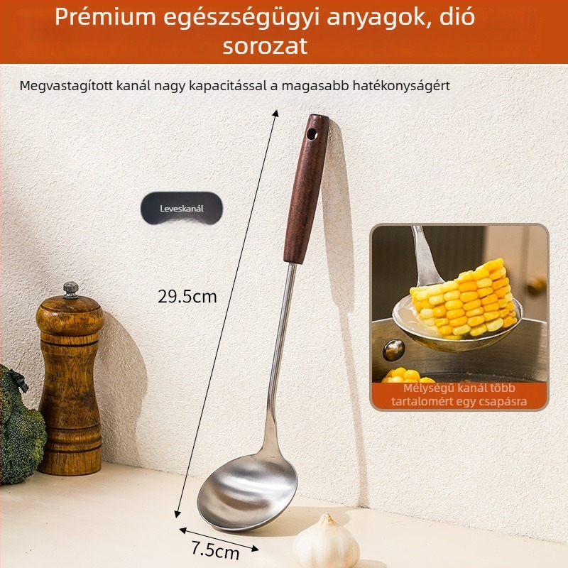 Nagy méretű rozsdamentes acél leveskanálak készlet fa nyéllel – otthoni konyha, modern minimalist stílus, hőálló, csúszásmentes