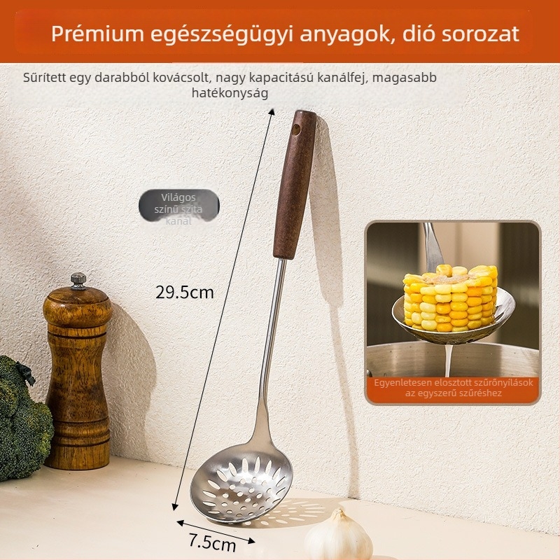 Nagy méretű rozsdamentes acél leveskanálak készlet fa nyéllel – otthoni konyha, modern minimalist stílus, hőálló, csúszásmentes