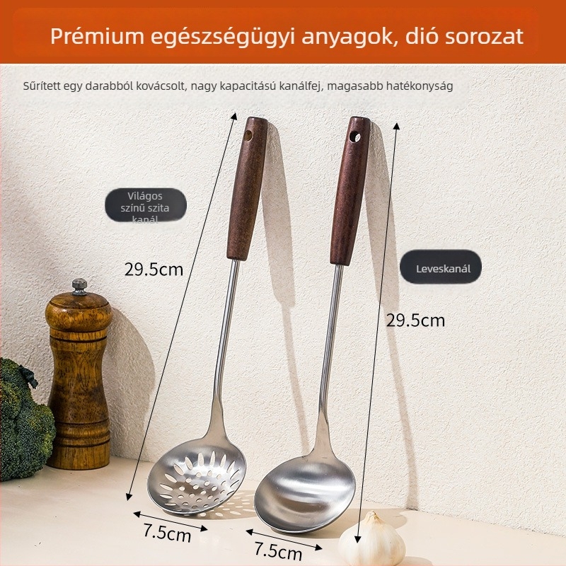 Nagy méretű rozsdamentes acél leveskanálak készlet fa nyéllel – otthoni konyha, modern minimalist stílus, hőálló, csúszásmentes