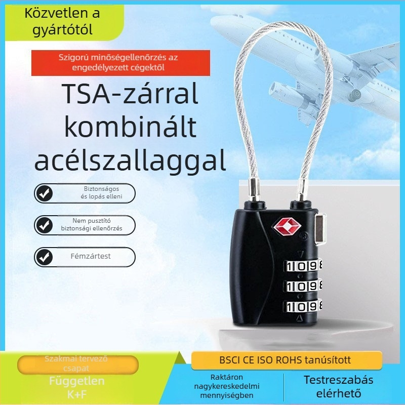 TSA poggyász-zár, csuklati ötvözet testtel, modell TSA719/TSA526, numerikus kombináció típus, záró rud vastagsága 2,4 mm, márka CJSJ