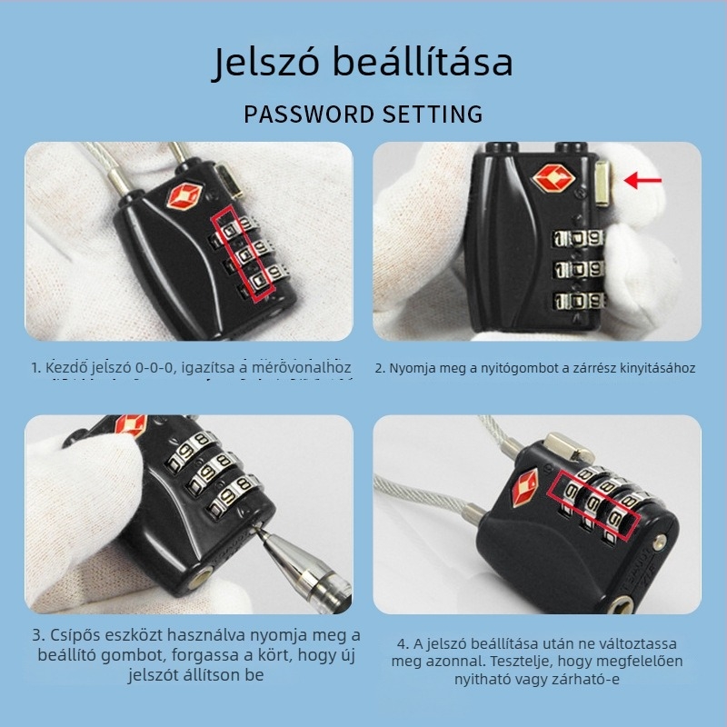TSA poggyász-zár, csuklati ötvözet testtel, modell TSA719/TSA526, numerikus kombináció típus, záró rud vastagsága 2,4 mm, márka CJSJ