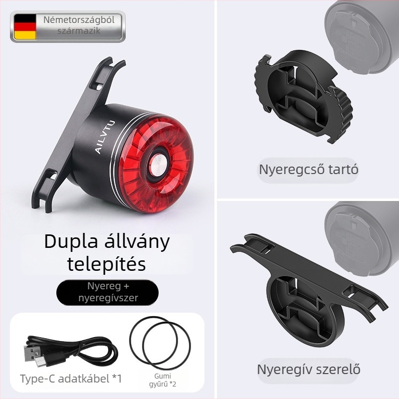 Kerékpáros hátsó lámpa intelligens szenzorral és fényjelzővel, újratölthető, MTB- és városi kerékpárokhoz, éjszakai figyelmeztetés és villogó mód