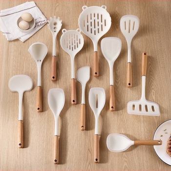  Bükkfa nyelű spatula és kanál készlet, élelmiszer-minőségű szilikon, nagy hőállóság, tapadásmentes, csúszásmentes