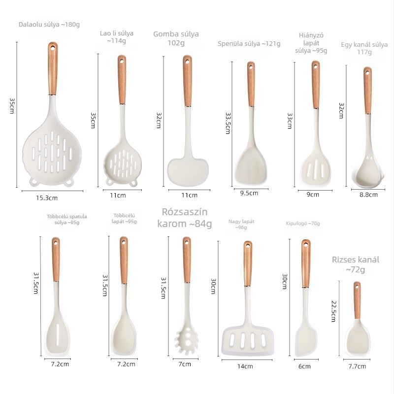  Bükkfa nyelű spatula és kanál készlet, élelmiszer-minőségű szilikon, nagy hőállóság, tapadásmentes, csúszásmentes