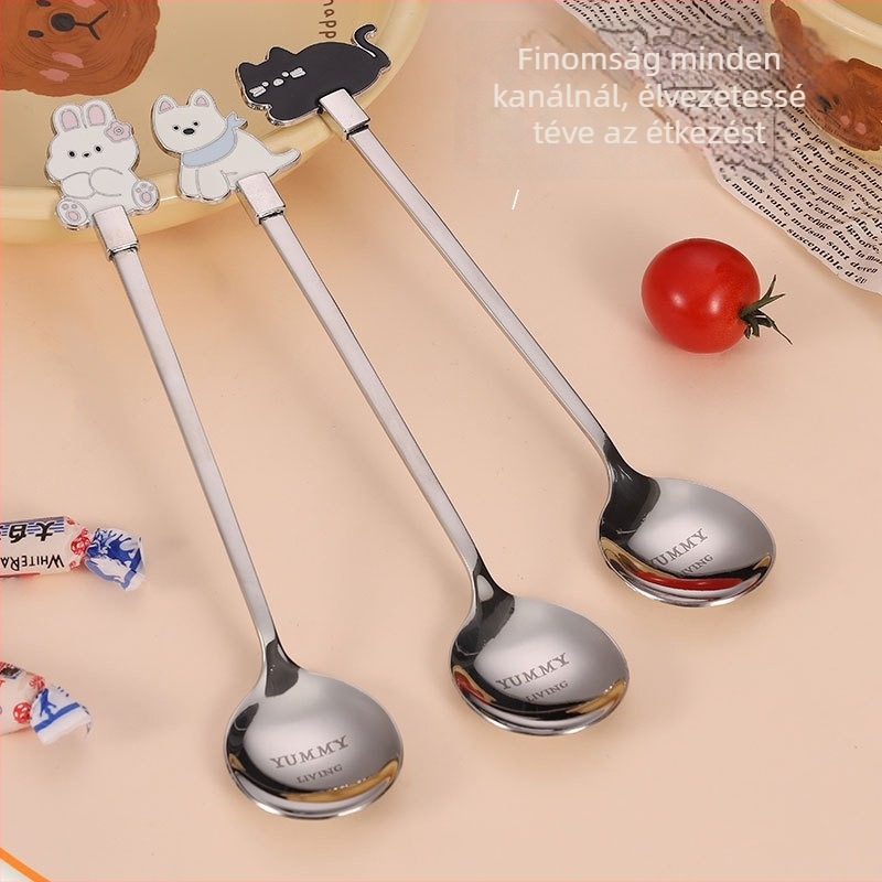 304 rozsdamentes acél kanál macska karikatúra mintával – keverőkanál teahoz, kávéhoz és desszertekhez; felnőtteknek; logó nyomtatás elérhető