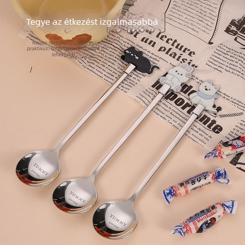 304 rozsdamentes acél kanál macska karikatúra mintával – keverőkanál teahoz, kávéhoz és desszertekhez; felnőtteknek; logó nyomtatás elérhető