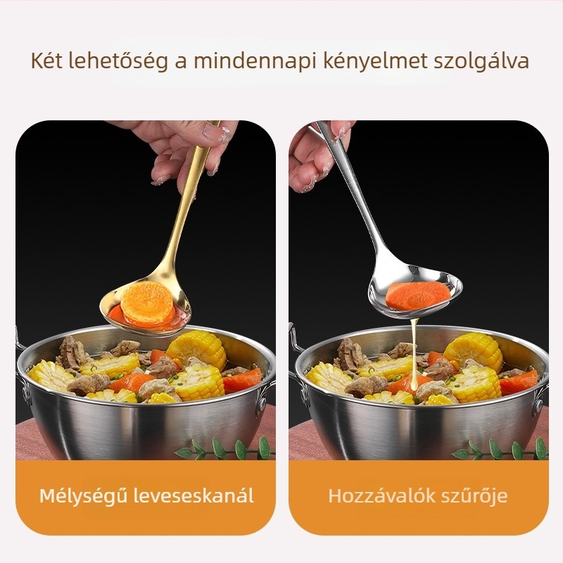 Hosszú nyeletű rozsdamentes acél leveskanál készlet, japán stílus, tükörfényes felülettel, alkalmas forró edényekhez és levesekhez