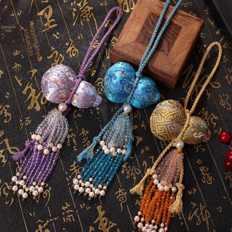 Kristályfüggő tök alakú medál, hímzett Song brokád, Hanfu kiegészítő (Brand: Jutong; Anyag: Brocade; Stílus: Etnikus; Kivitelezés: Fél kézi és fél mechanikus; Ajándékötletek: Születésnap, Költözés)