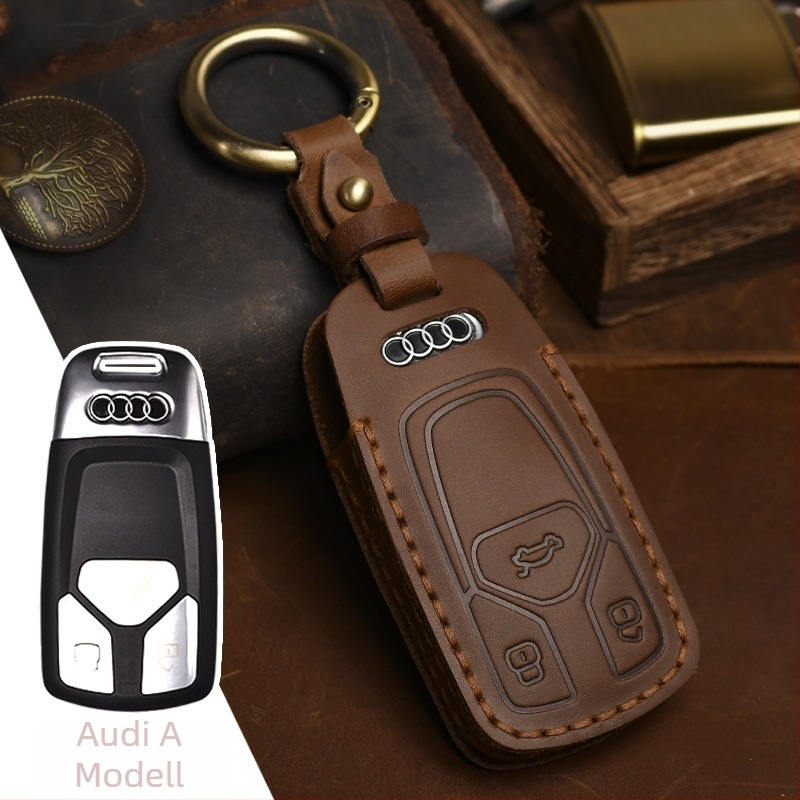Autókulcs-védő fedél – kézzel készült marhabőrből, retro stílus; kompatibil Audi Q5/Q7 kulcsokkal, testreszabás elérhető, licencelt magáncímke