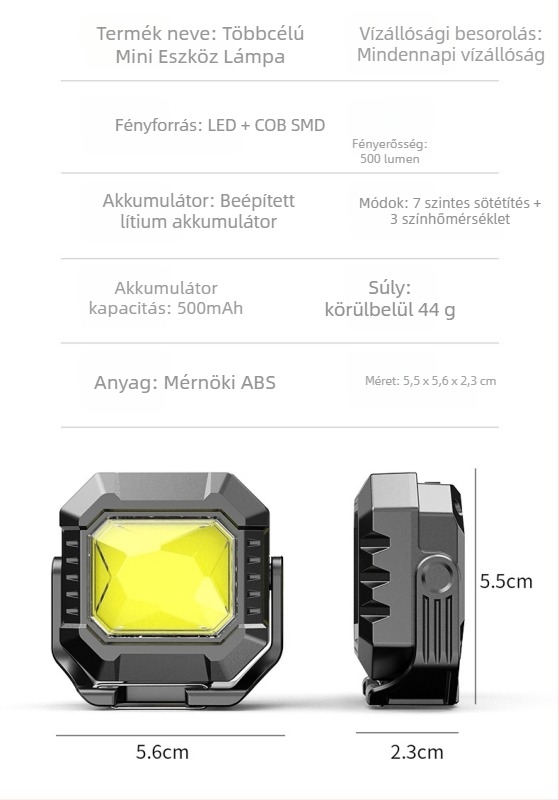 COB kemping zseblámpa, 500mAh újratölthető akkumulátor, 3V1A teljesítmény, 100–200 m hatótáv, kulcstartó