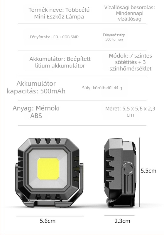 COB kemping zseblámpa, 500mAh újratölthető akkumulátor, 3V1A teljesítmény, 100–200 m hatótáv, kulcstartó