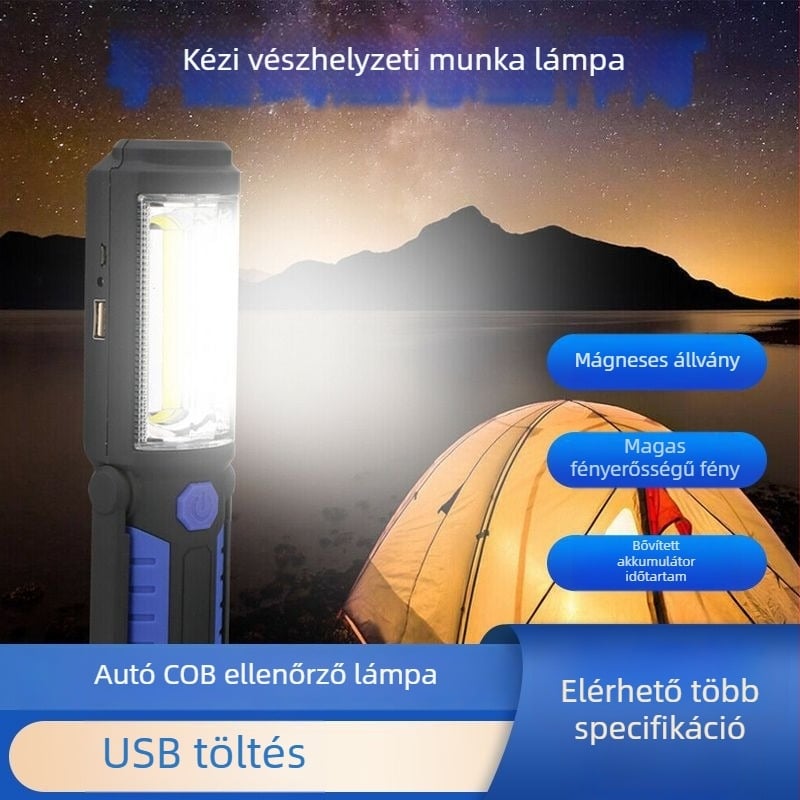 Kézben tartható vészhelyzeti munka világítás USB töltéssel, COB LED, mágneses állvánnyal, 20W, hatótávolság akár 50 m