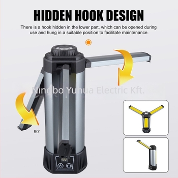 Kihúzható LED munkalámpa mágneses alappal és digitális kijelzővel, 12W, 6000mAh, 360° forgás, kemping és vészhelyzet