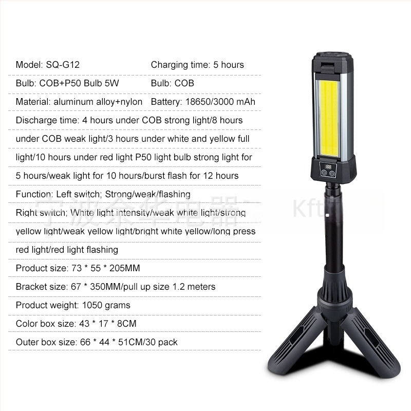 Kihúzható LED munkalámpa mágneses alappal és digitális kijelzővel, 12W, 6000mAh, 360° forgás, kemping és vészhelyzet