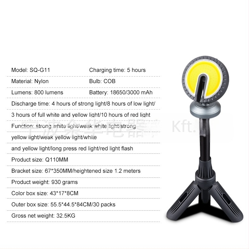 Kihúzható LED munkalámpa mágneses alappal és digitális kijelzővel, 12W, 6000mAh, 360° forgás, kemping és vészhelyzet