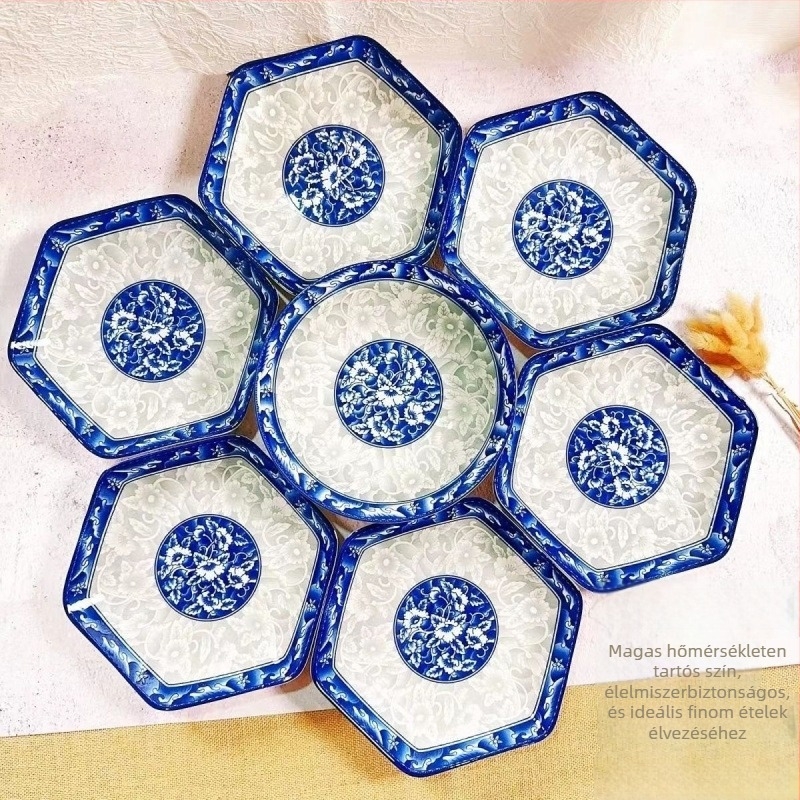 Porcelán hatszögletű tányérkészlet, kínai stílus, aláglazúros felület és egy darabból készült formázás