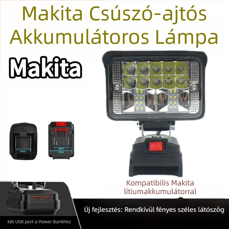 LED munkalámpa Makita lítium-ion akkumulátorhoz kompatibilis, akkumulátoros működés, 100–200 m hatótávolságú világítás, ABS ház