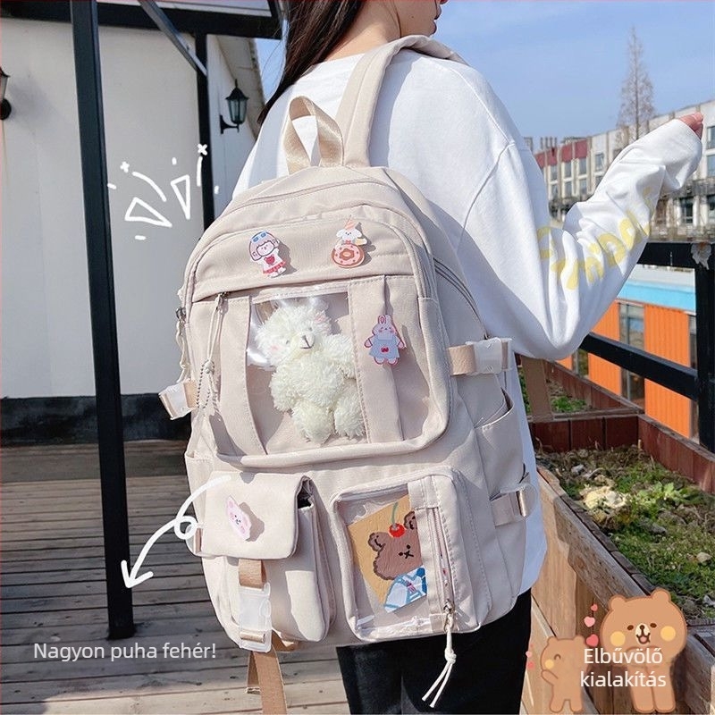Koreai-stílusú iskolatáska erdő ihletésű dizájnnal; poliészter anyag, belső nylon bélés; középiskolás diákok számára